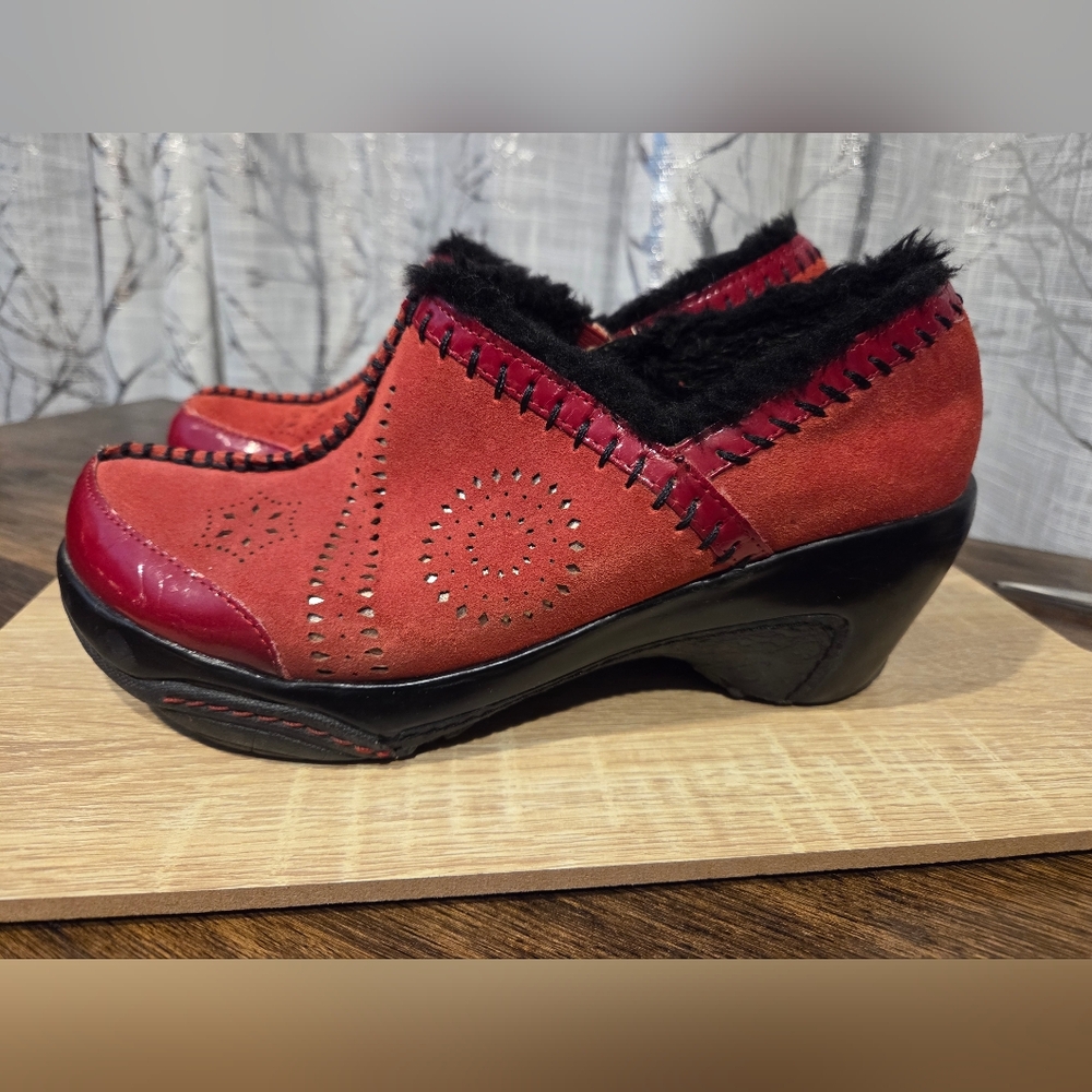 Jambu Red Suede Mules with Black‎ Trim
